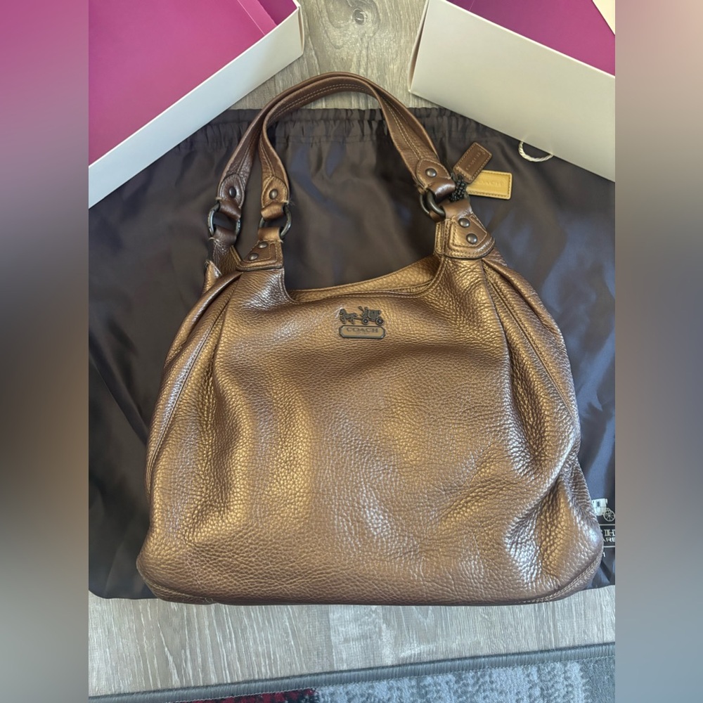 Coach Madison Maggie leather hobo bag bronze metallic embossed